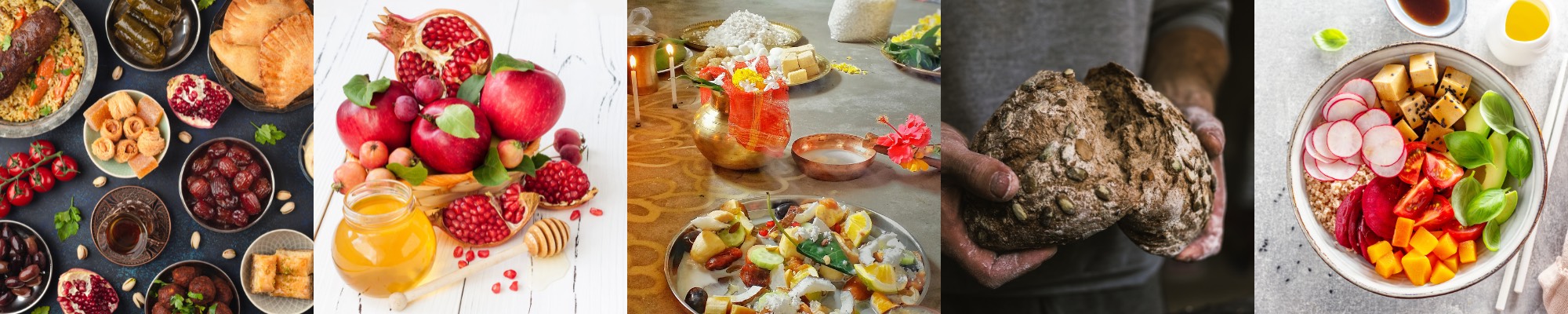 Banner with five different images of food, including mediterranean foods, pomegranates and honey, a Hindu puja, breaking bread, and vegetables